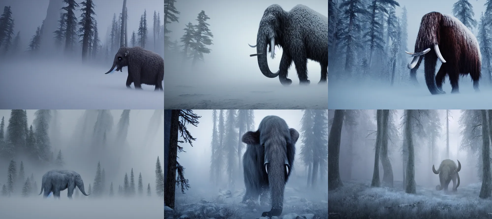 Prompt: wooly mammoth emerging from fog, snowy forest, dramatic, cinematic, artstation, realistic photograph, ambient, dark shades of colors, unreal engine 5, rendered by octane