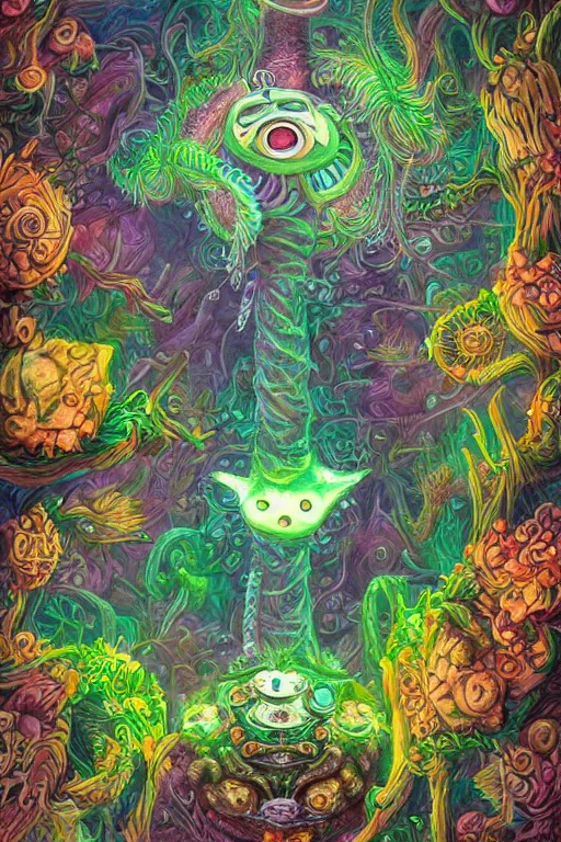 Image similar to creature sushi roots cactus elemental flush of force nature micro world fluo light deepdream a wild amazing steampunk baroque ancient alien creature, intricate detail, colorful digital painting radiating a glowing aura global illumination ray tracing