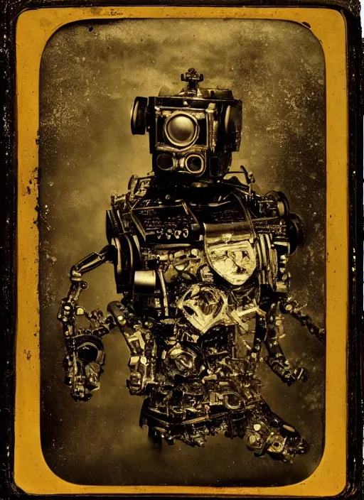 Image similar to old wetplate daguerreotype portrait of futuristi robot, dubbel exposuree, explosion of data fragments, fractal, intricate, elegant, highly detailed, parallax, leica, medium format, subsurface scattering, by jheronimus bosch and greg rutkowski and louis jacques mande daguerre