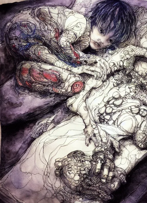 Prompt: nightmare Monsters spilling out of a Childs dreams as he sleeps , watercolor, pen and ink, intricate line drawings, by Yoshitaka Amano, Ruan Jia, Kentaro Miura, Artgerm,