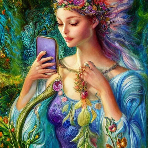 Image similar to a nature goddess checking her cell phone by senior concept artist josephine wall, acrylic on canvas, intricately detailed, high resolution trending on artstation