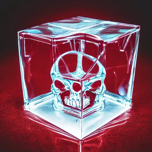 Image similar to twisted scene of a twisted transparent cube half filled with turbulent red liquid inside in a transparent skull