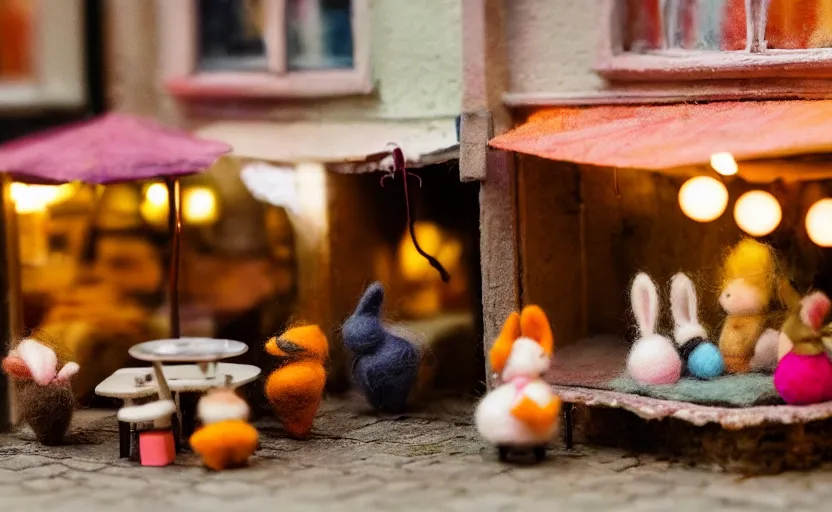 Image similar to miniature cafe diorama, macro photography, cafe with felted bunnies on a date, alleyway, ambient, atmospheric, british, cozy, bokeh, romantic, colorful lanterns