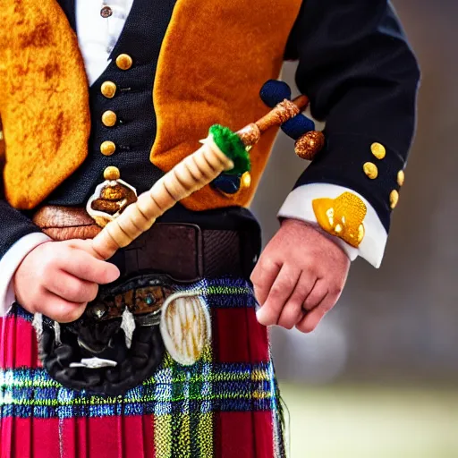Prompt: close up photo of a miniature Scottish man in a kilt, playing bagpipes hatching out of a Scotch egg. You can see the yolk, egg white, sausage and crumbed outside of the egg.