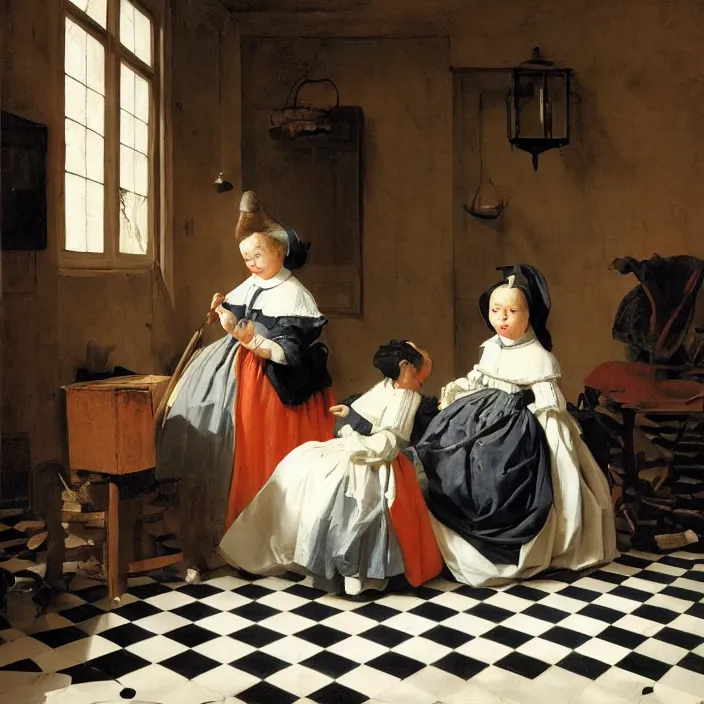 Prompt: colored painting, pieter de hooch, trending on artstation, highly detailed, black and white checkerboard floor, gigantic porcelain head statue, intricate, elegant