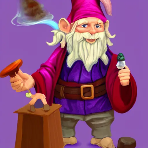 Image similar to gnome archmage wearing purple robes, a floppy wizard hat, and smoking a pipe artstation