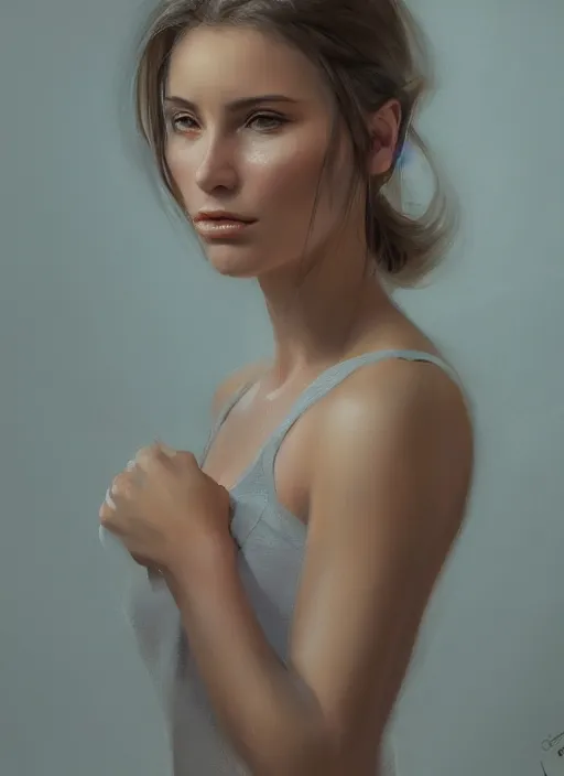 Image similar to portrait of a gorgeous young woman in the style of stefan kostic, artstation, concept art, realistic photo, sharp focus, 8k high definition, insanely detailed, intricate, elegant