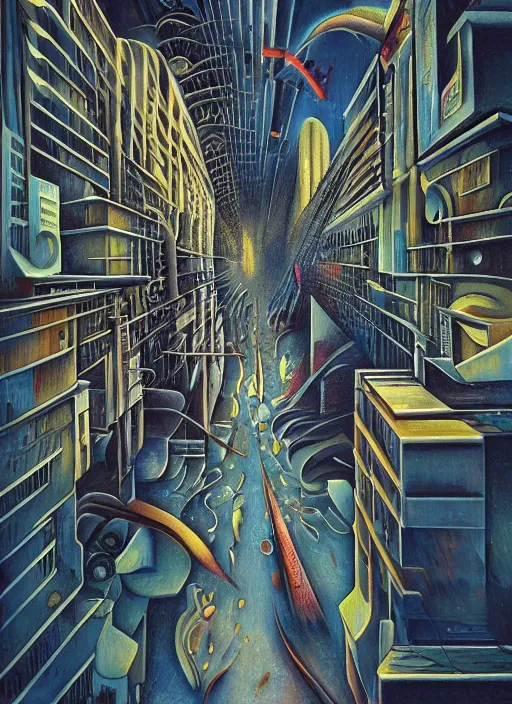 Prompt: A surreal painting of melting calligraphy city streets in 3 point perspective by hr giger and Vladimir kush by dali by kandinsky, 3d, realistic shading, complimentary colors, neon tint, aesthetically pleasing composition, masterpiece, 4k, 8k, ultra realistic, super realistic,