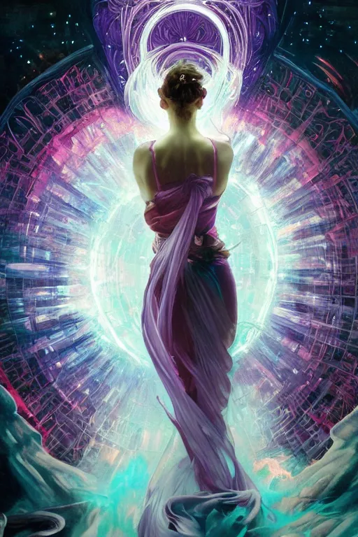 Prompt: she dreams of arcs of purple flame intertwined with glowing sparks, glinting particles of ice, dramatic lighting, steampunk, secret holographic cyphers, red flowers, bright neon solar flares, high contrast, smooth, sharp focus, art nouveau, painting by Caravaggio and Daytoner and ruan jia and greg rutkowski and Alphonse Mucha