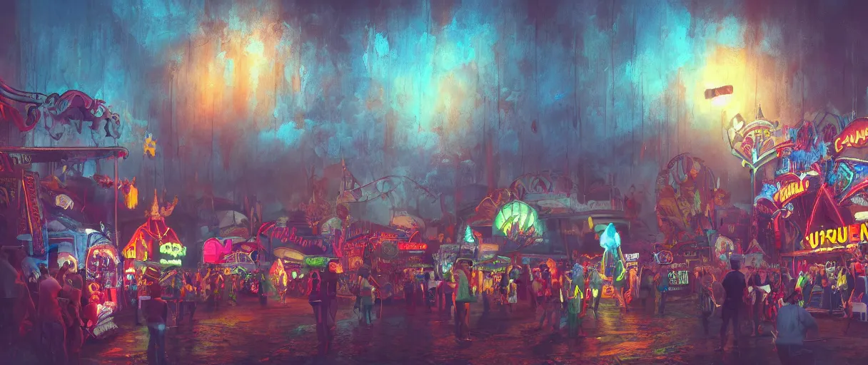 Image similar to a rendered painting of a run down horror carnival, lots of detail, volumetric lighting, concept art, digital painting, trending on artstation, vivid colours