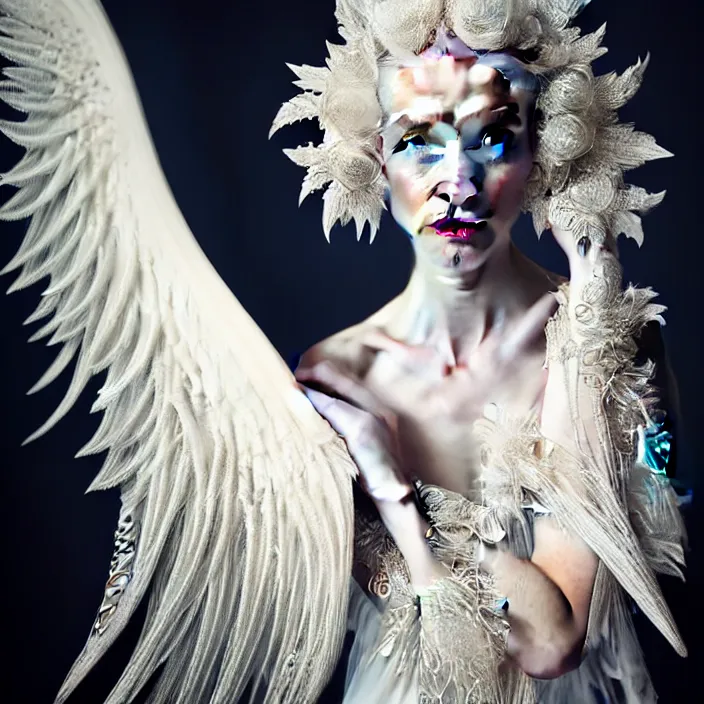 Image similar to photo portrait of a beautiful woman like a dark fallen angel, dressed in long elegant intricate ornamental white dress,intricate fractal ornament in the bust with a very long neck , , elegant, highly detailed intricate baroque ornament in her blond long hair, Realistic, Refined, Highly Detailed, Cinematic Lighting,, photo-realistic, 8K , fine art photography by Flora Borsi, volumetric lighting, pastel colors scheme , hyper realistic photography in style of Vogue Fashion magazine