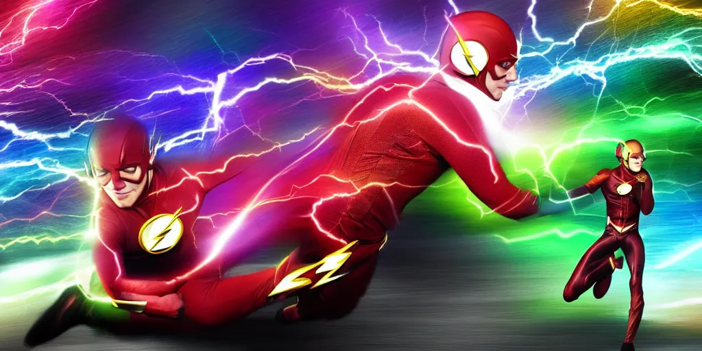 Prompt: the flash combined with waya steurbaut hereo combination rainbow glowing suite high resolution film render 100k, photo realistic, epic, colourful