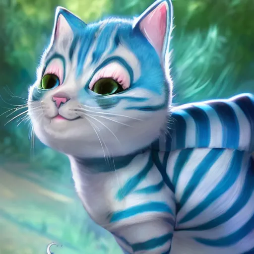 Image similar to cute blue striped cat of cheshire from alice in wonderland. an adorable cat with light blue stripes, blue eyes and a big playful smile. award - winning digital art by mona sundberg, trending on artstation