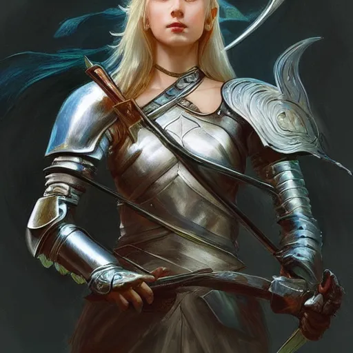 Prompt: Portrait of a female knight with a large sword, D&D, fantasy, highly detailed, digital painting, artstation, smooth, sharp focus, illustration, art by artgerm and greg rutkowski and alphonse mucha