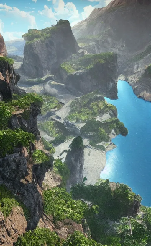 Image similar to We climbed the mountain Up impossible black cliffs Touching clouds But the path down Has been blocked, So we climb again Our eyes ever-focused On the crystal waters Of the valley below Unreal engine