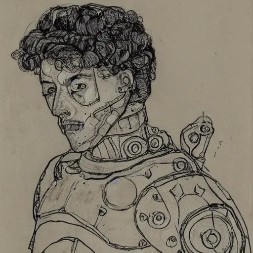 Prompt: line drawing of a knight in armour by egon schiele, by james jean