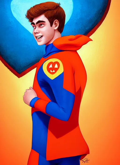 Image similar to friendly teenage archie andrews wearing an orange superhero costume with heart logo, heart, freckles, blue cape, heart emblem on chest, blue cape, intricate, elegant, glowing lights, highly detailed, digital painting, artstation, sharp focus, illustration, art by wlop, mars ravelo and greg rutkowski