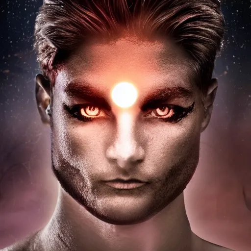 Image similar to a male wizard with glowing eyes, frontal view, cool looking, photoshop