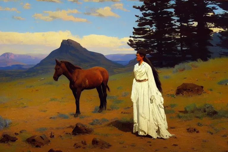 Prompt: scenic western mountain landscape with wild horses and a woman in a long white traditional dress, frederic remington, oil on canvas, beautifully lit, artstation