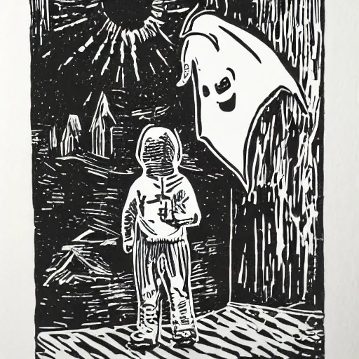 Image similar to linocut of a kid wearing a ghost costume