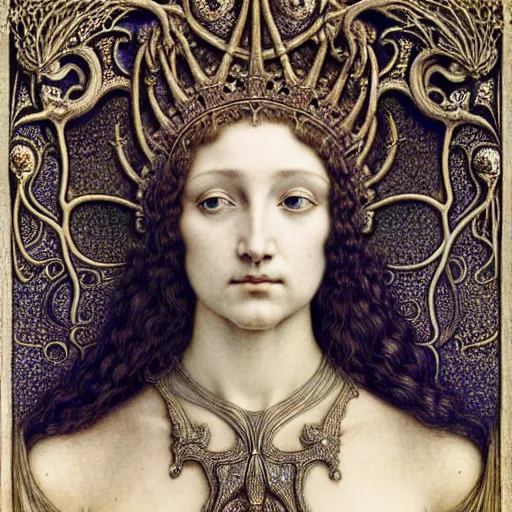 Prompt: detailed realistic beautiful young medieval queen face portrait by jean delville, gustave dore and iris van herpen, art forms of nature by ernst haeckel, art nouveau, symbolist, visionary, gothic, pre - raphaelite, fractal lace, surreality, horizontal symmetry, intricate details