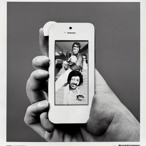 Image similar to a 1980's picture of a man holding an Iphone, Iphones in the 1980s, old photograph, advertisement for the Apple Iphone, 480p resolution