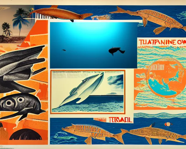 Prompt: footage of a theater stage, 1976 poster, cut out collage, film noir, beach of dawn on Neptun, epic theater, tropical sea creatures, nautical maps, grafitti in style of Ernst Haeckl, composition by Wed Anderson, written by Ernst Jandl, lens flare