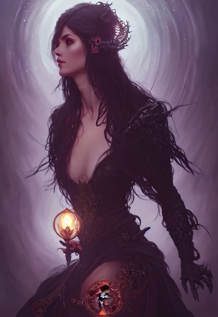 Image similar to Necromancer Sorceress, fantasy magic, undercut hairstyle, dark light night, intricate, elegant, sharp focus, illustration, highly detailed, digital painting, concept art, matte, art by WLOP and Artgerm and Greg Rutkowski and Alphonse Mucha, masterpiece