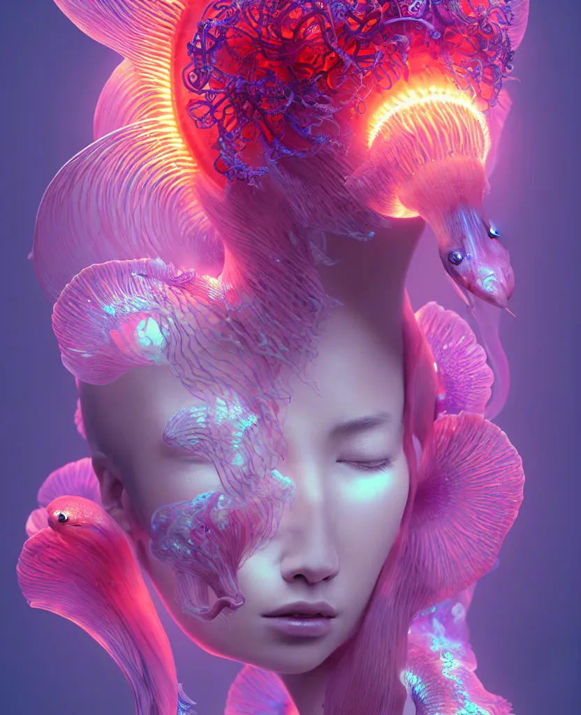 Image similar to goddess close-up portrait. orchid jellyfish phoenix head, nautilus, skull, betta fish, bioluminiscent creatures, intricate artwork by Tooth Wu and wlop and beeple. octane render, trending on artstation, greg rutkowski very coherent symmetrical artwork. cinematic, hyper realism, high detail, octane render, 8k