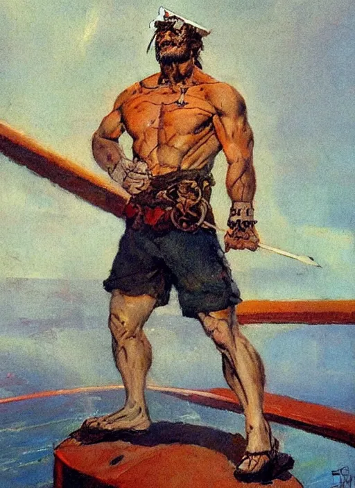 Prompt: portrait of grizzled sailor on ship deck, coherent! by brom, by frank frazetta, vibrant color, strong line, minimalism, high contrast