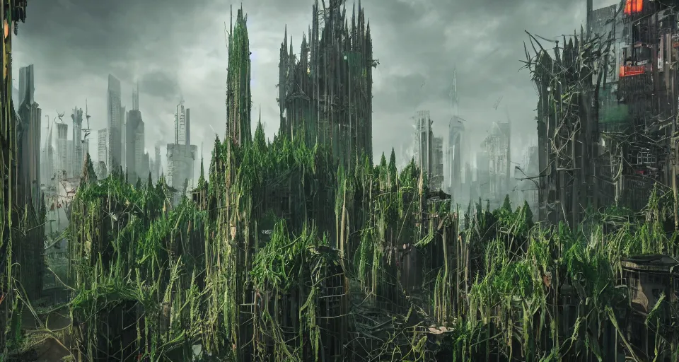 Image similar to giant thick green Spikes grow angular out of the ground in a gothic medieval cyberpunk city, debris flying around, the feeling of grimdark terror and pain, high quality, detailed, 8k, unreal engine, octane render, trending on artstation