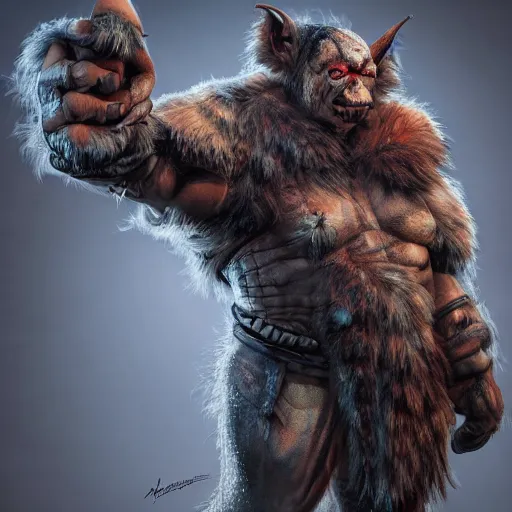 Prompt: A full body shot of a handsome orc looking into the camera wearing a fur jacket and boots, full body shot, artstation, realistic, highly detailed, symmetrical, hyper realism, high detail, octane render, unreal engine, 8k, fantasy art, intricate, highly detailed, concept art, art by artgerm