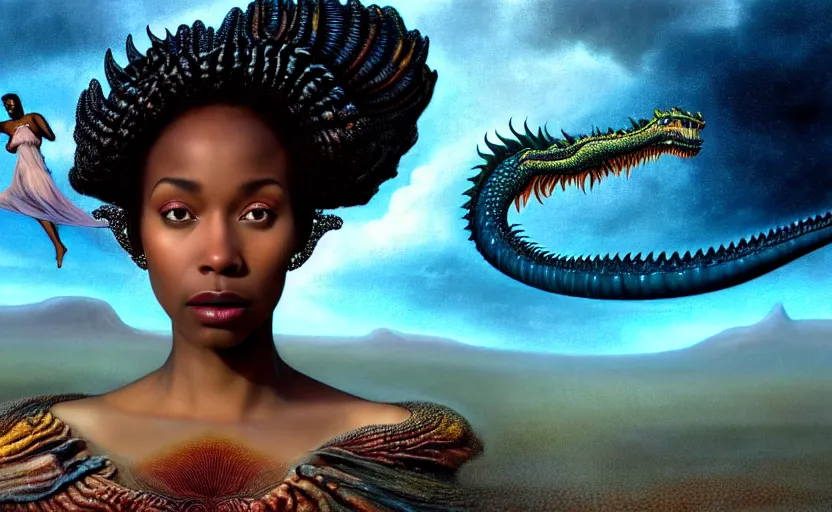 Image similar to realistic detailed photorealistic film close up portrait shot of a beautiful black woman, sci-fi landscape with a dragon on background by Denis Villeneuve, Amano, Yves Tanguy, Alphonse Mucha, Ernst Haeckel, Andrei Tarkovsky, Edward Robert Hughes, Roger Dean, rich moody colours, wide angle, blue eyes