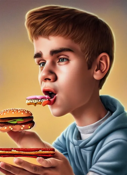 Image similar to highly detailed closeup, face profile portrait of justin bieber as a tin toy scientist wearing a tinfoil hat eating a hamburger, unreal engine, nicoletta ceccoli, mark ryden, earl norem, lostfish, global illumination, detailed and intricate environment