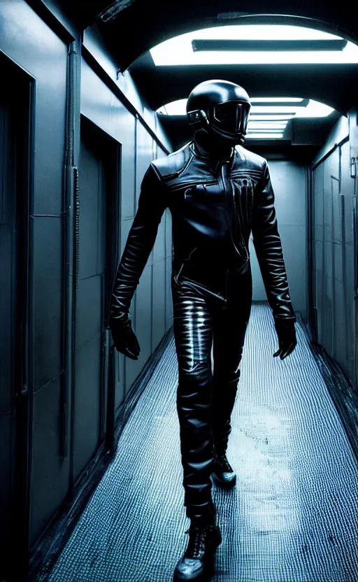 Image similar to hyper - realistic grungy spaceship interior corridor, hyper - detail, an attractive athletic black man wearing a black leather jumpsuit, running, holds a blaster, futuristic space western aesthetic, cinematic composition, cinematic colors, 3 5 mm film, roger deakins style, realistic film, no signature, 8 k