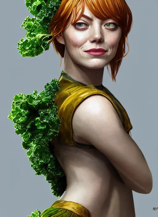 Image similar to portrait of emma stone as kale!! biohazard bioshock, au naturel, hyper detailed, digital art, trending in artstation, cinematic lighting, studio quality, smooth render, unreal engine 5 rendered, octane rendered, art style by klimt and nixeu and ian sprigger and wlop and krenz cushart