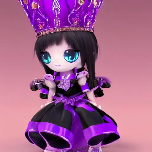 Image similar to cute fumo plush of a elaborately dressed princess in black and purple regalia, crown, outline glow lens flare, vray