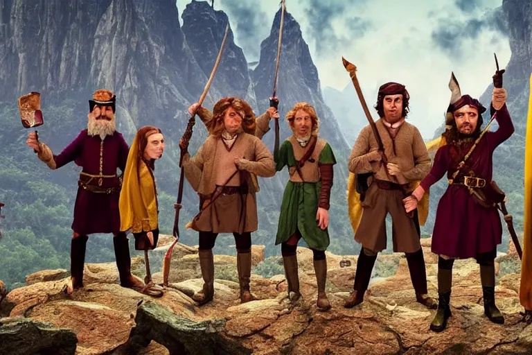 Prompt: A group of 5 high fantasy adventurers lined up for a group portrait, Screenshot of Wes Anderson's New RPG Movie, directed by Wes Anderson, Chest high, Photo realistic, Regal, Formal, Cinematic, Symmetrical, Satisfying dynamic lighting, Highly Detailed, Cinematic Lighting, 8k, HD