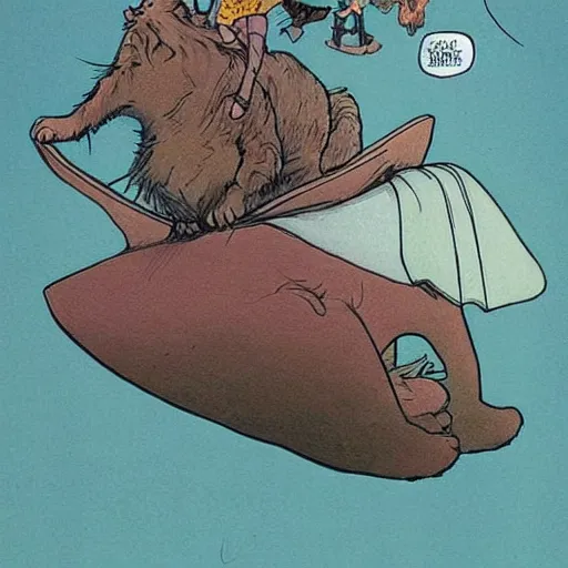 Image similar to a moebius drawing small people riding an gigantic cat