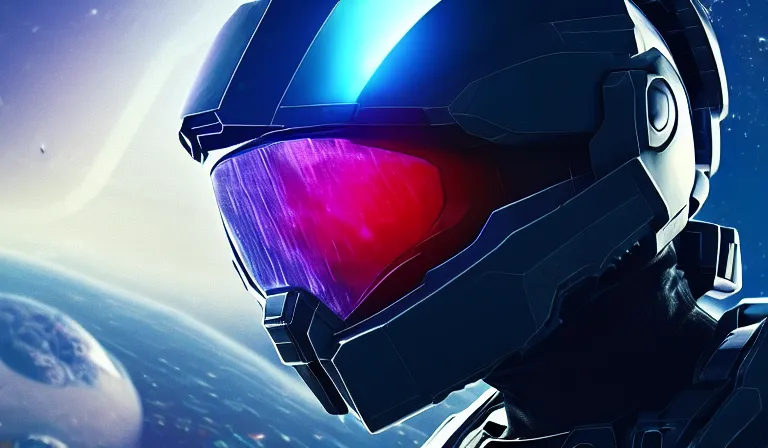 Image similar to cyberpunk halo helmet on space, planet behind, close shot, reflection, epic, dramatic, cinematic, award winning, ultra detailed, realistic, 8k,