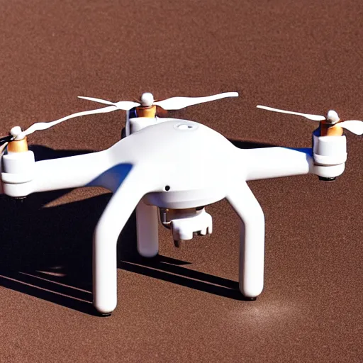 Image similar to sleek white industrial drone, with googly eyes, for monitoring the australian desert, XF IQ4, 150MP, 50mm, F1.4, ISO 200, 1/160s, dawn, golden ratio, rule of thirds