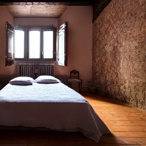 Prompt: the interior of a bedroom in italy