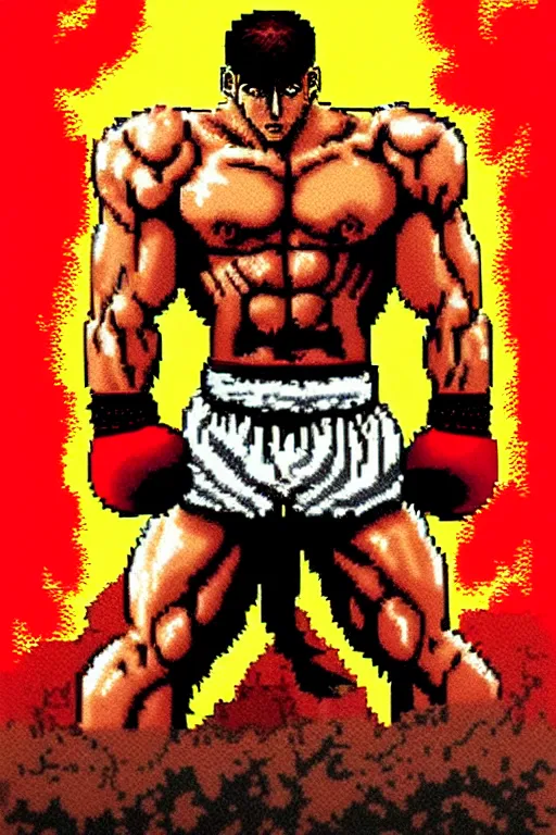 Prompt: extreme long shot. 8 bit nes graphics. antropomorphic muscular masculine wolf. kickboxer fighter, in shorts. wolf head. fine details, very sharp, art from nes game cartridge, 8 0's, vhs artefacts, vaporwave style, marc simonetti and hermann nitsch. streetfighter
