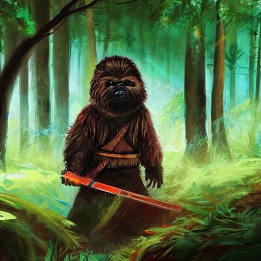 Prompt: a hard working ewok sweeping the forest floor, artstation, colorful