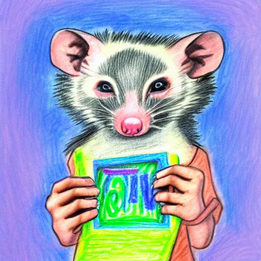 Prompt: an opossum holds up a child's crayon drawing, hd digital photography of an opossum