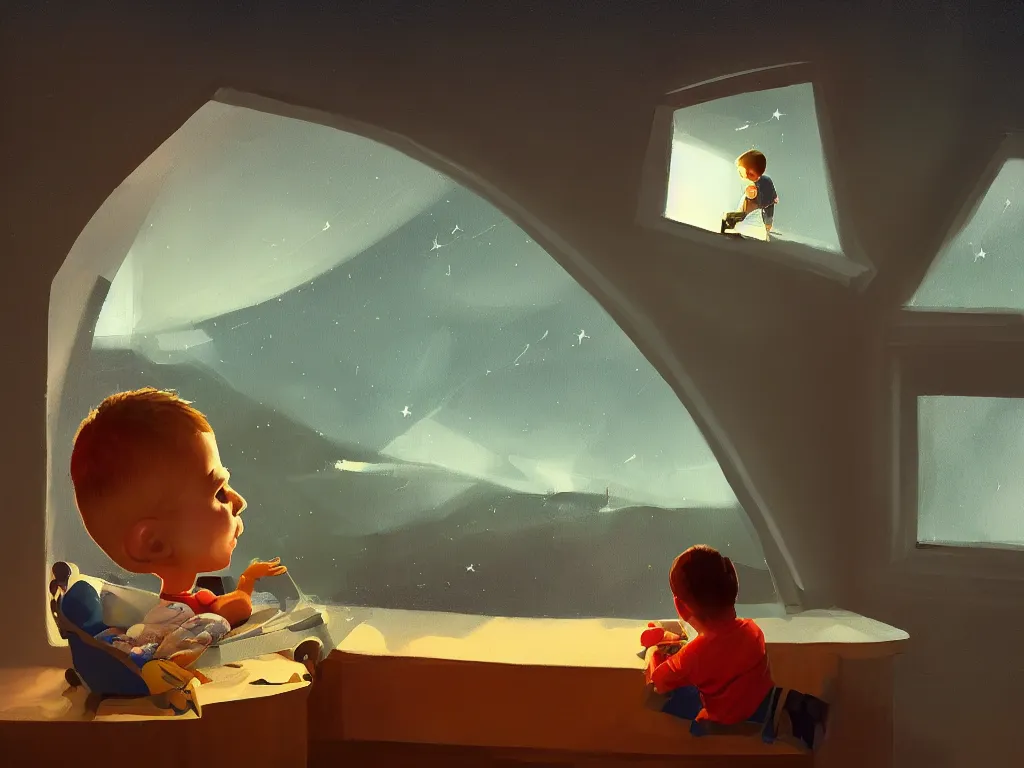 Prompt: a contemporary painting of a little boy sits in his bed and looks through the window into the night sky in a painting from stalenhag 4 k 8 k hdr artstation concept art