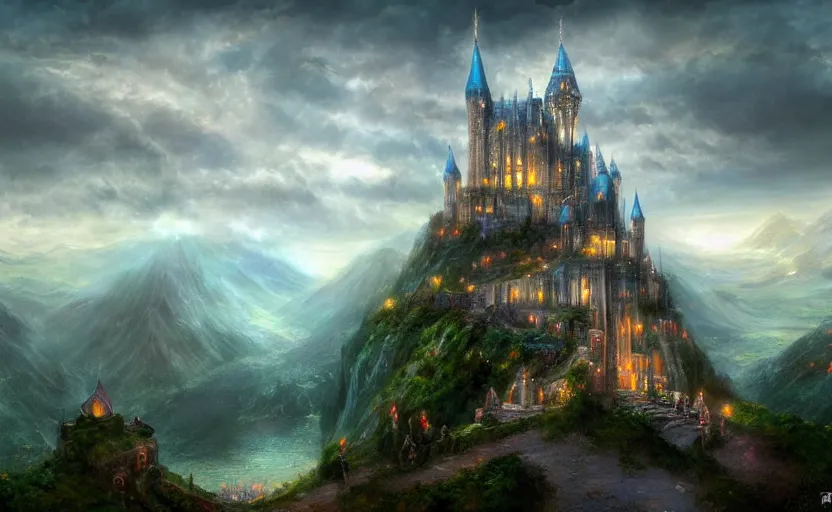 Prompt: beautiful secret city of the elves gondolin on top of a mountain, magical gloomy mystical. by konstantin razumov, fractal flame, chiaroscuro, highly detailded, mech robot