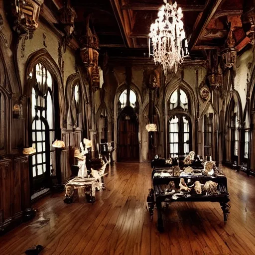 Image similar to gothic hall with large chandeliers under the ceiling, horror style, with puppies and kittens everywhere