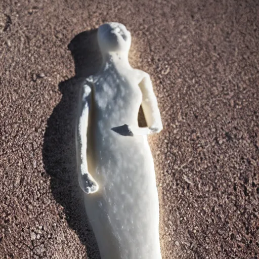 Image similar to salt sculpture made of salt shaped like a 30 year old woman in ancient Canaanite clothing, cracked desert background. somber. haunting. 40mm lens, shallow depth of field, split lighting