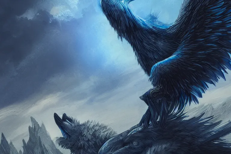 Image similar to Blue feathered wolf with wings on a beautiful fantasy landscape, hills, mountains, moonlit, HD, illustration, epic, D&D, fantasy, intricate, elegant, highly detailed, digital painting, artstation, concept art, smooth, sharp focus, illustration, art by XIAODI JIN, Anthony Devine and Yigit Koroglu